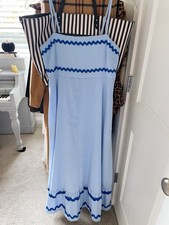 Light Blue Sleeveless Maxi Dress with Blue Trim, Strappy Square Neck, Smocked