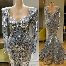 Sparkly Sequins Silver Mermaid Prom Dresses Sweetheart Neck Long Sleeves Gowns