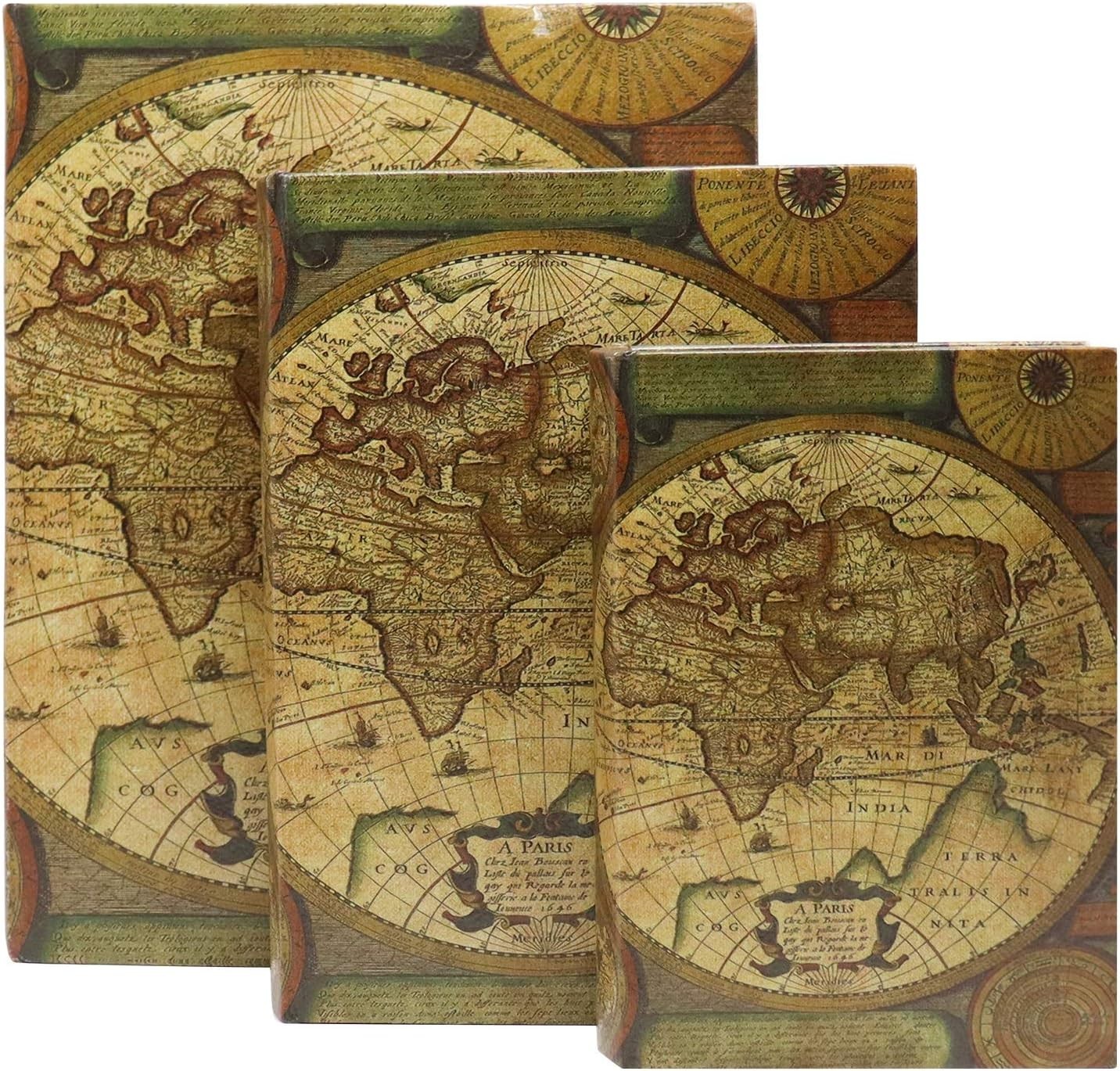 Antique World Map Decorative Book Boxes - Set of 3 with Secret Stash Compartment