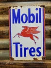 VINTAGE MOBIL TIRES PORCELAIN SIGN AUTOMOTIVE PARTS GARAGE WHEEL SERVICE PEGASUS