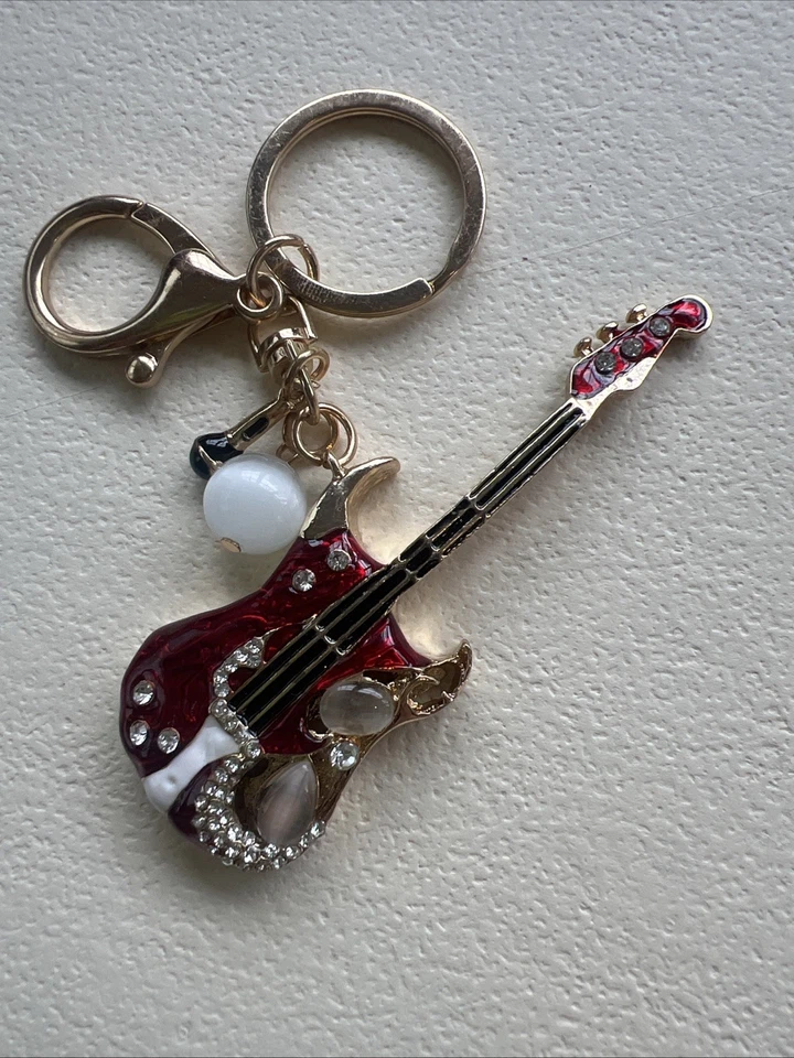 闪亮红色吉他悬垂行李箱小饰品钥匙圈链金色水钻 — 第 2/4 张图片