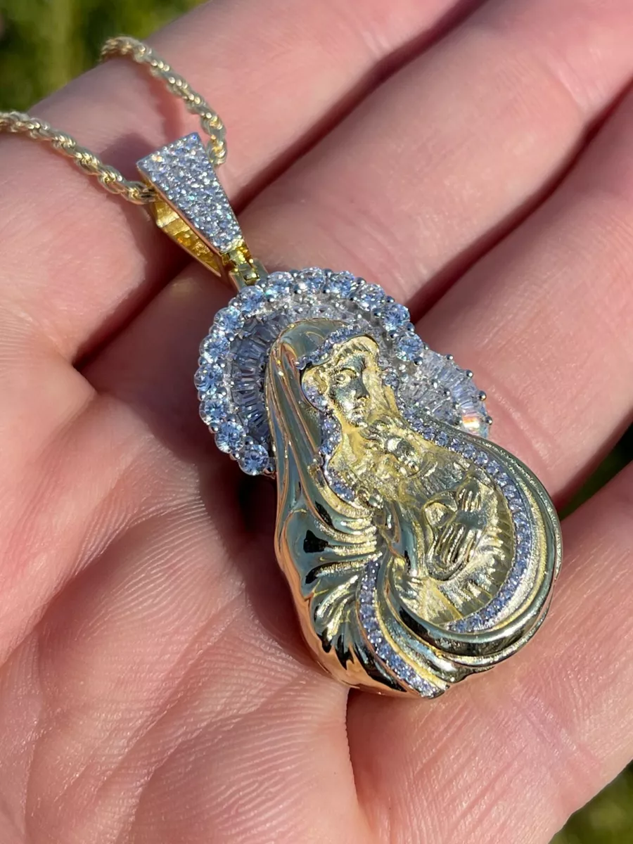 Men s Solid 925 Silver Gold Baguette Virgin Mary Pendant Ice Diamond Hip Hop