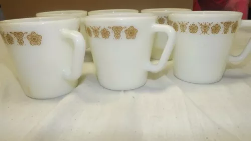 Pyrex Butterfly Gold Coffee Cup Mug D Handle Milk Glass Vintage Set of 4 