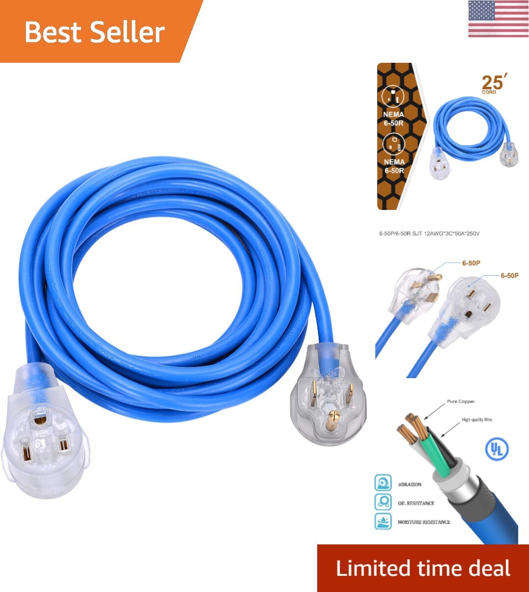 Welder Extension Cord, Heavy Duty 25 Feet 6-50 Nema R Plug Lighted Welding Co...-image