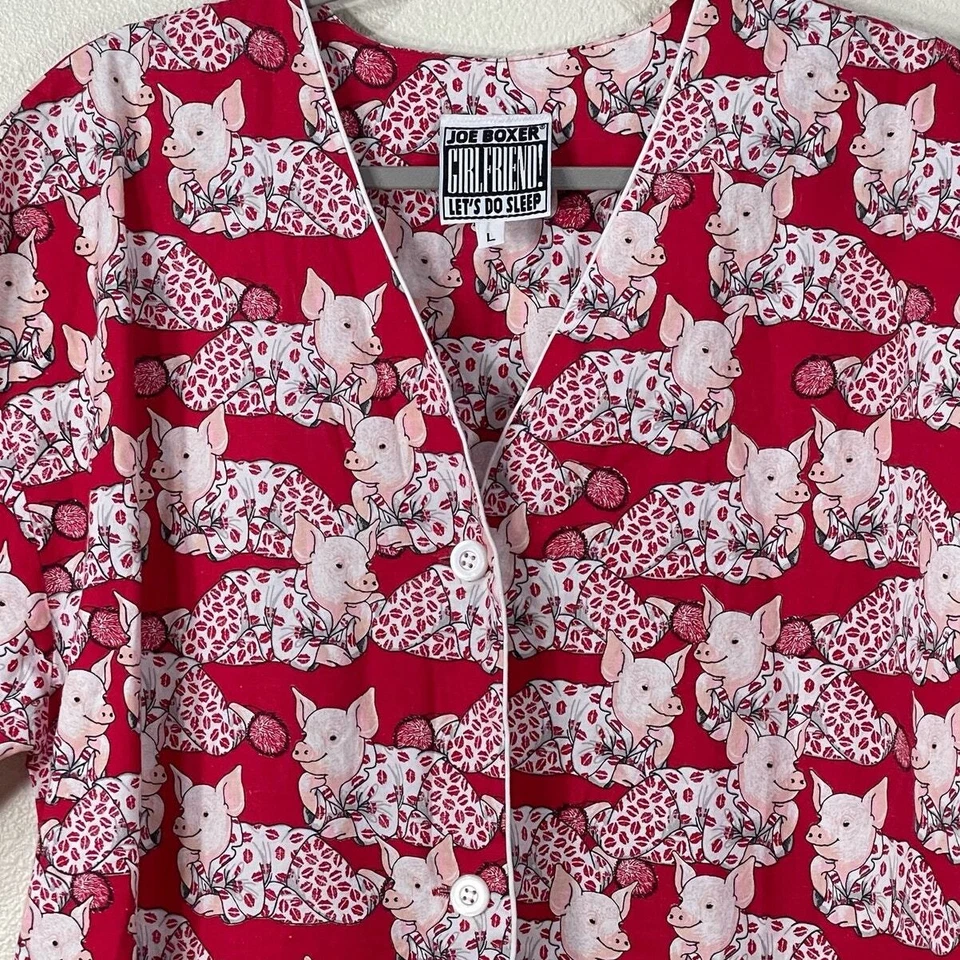 Camisa de dormir vintage Joe Boxer Girlfriend Let's Do estampado de besos de cerdo L Foto 2 de 4