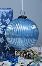 Large Blue Christmas Glass Ball Ornament Hanging Ribbed Sphere Mouthblown 6”