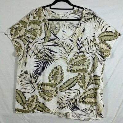 Source Unknown Top Women's Green Floral Linen Asymmetrical Hem Plus Size 2X