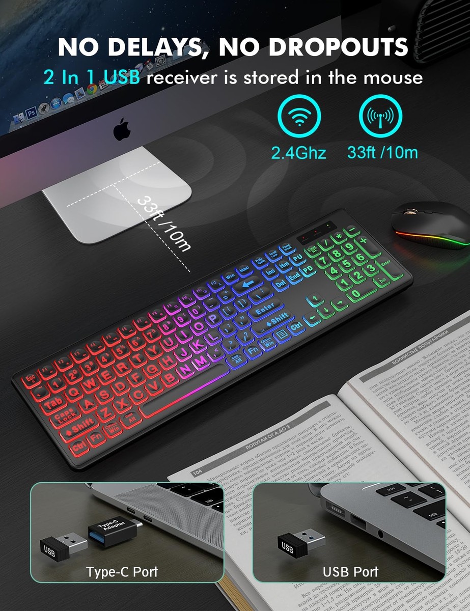 2 Pack Wireless Keyboard & Mouse Combo - RGB Backlit Rechargeable With Silent Click