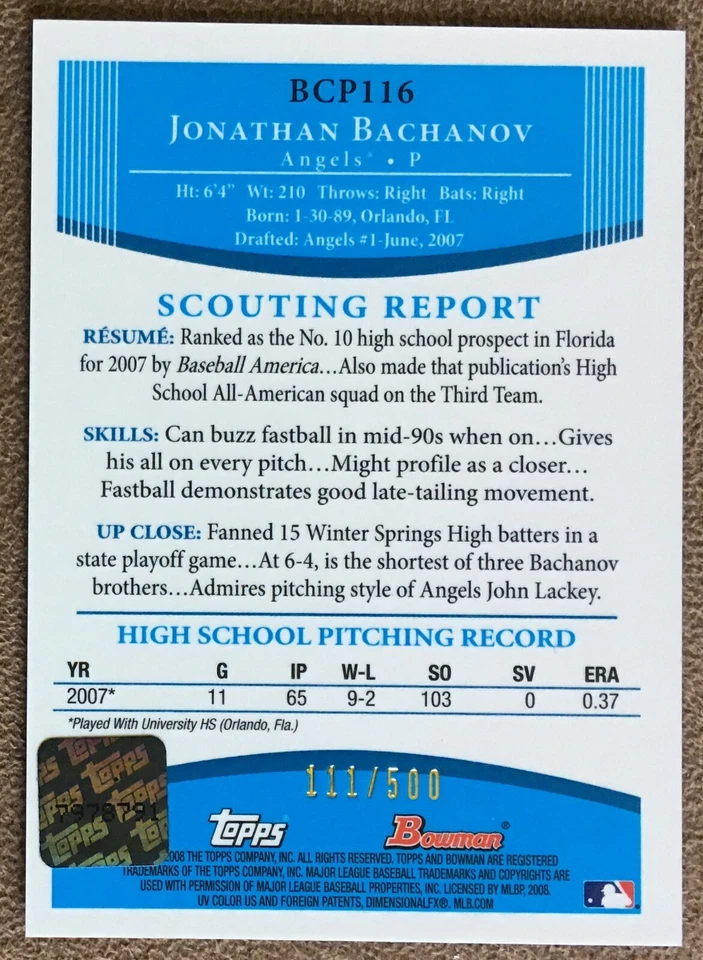 Jonathan Bachanov 2008 Bowman Chrome Prospects Autograph Refractor #BCP116 /500 - Image 2 of 2