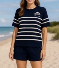 New Life Is Good M Medium 2 Piece Knit Navy Nautical Stripes Top Shorts Set
