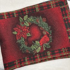 Christmas Cardinal Table Runner Plaid Check Poinsettia Holly Xmas Winter 13x70"