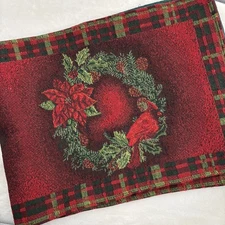 Christmas Cardinal Table Runner Plaid Check Poinsettia Holly Xmas Winter 13x70"