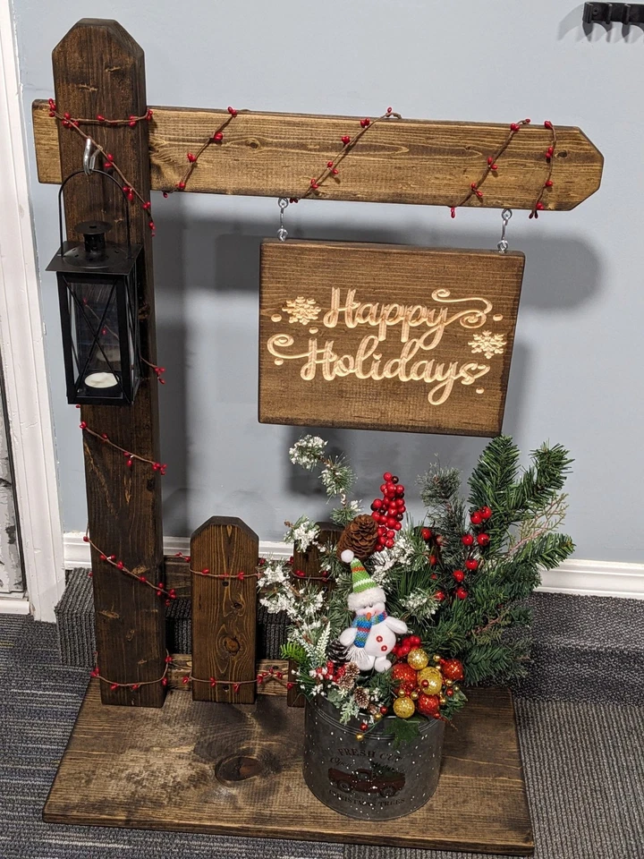 Rustic Handmade Standing Porch Sign Post Happy Holidays Welcome Lantern Decor - Image 2 of 4