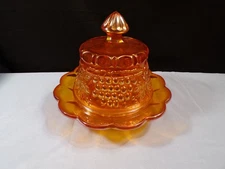 Mosser Marigold Carnival Glass Grape & Cable Covered Butter Cheese Dish