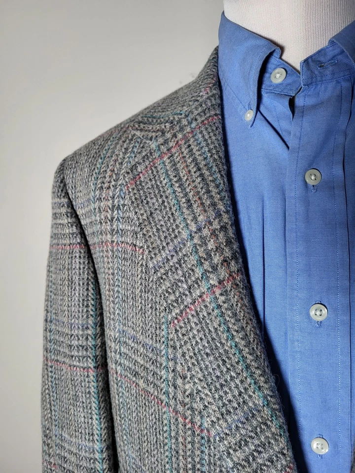 Blazer Abrigo Deportivo Vintage 42S Azul Pastel Rosa Cuadros Tweed Lona Completa Chaqueta Foto 4 de 4