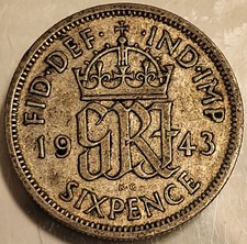 Great Britain, Six Pence 1943 silver coin! Great Condition Sixpence!