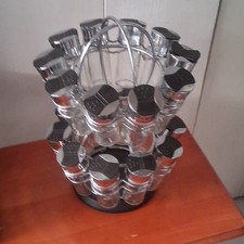 20 Glass Spice Jars with Shaker Lids & Revolving Carousel Rack Black Silver