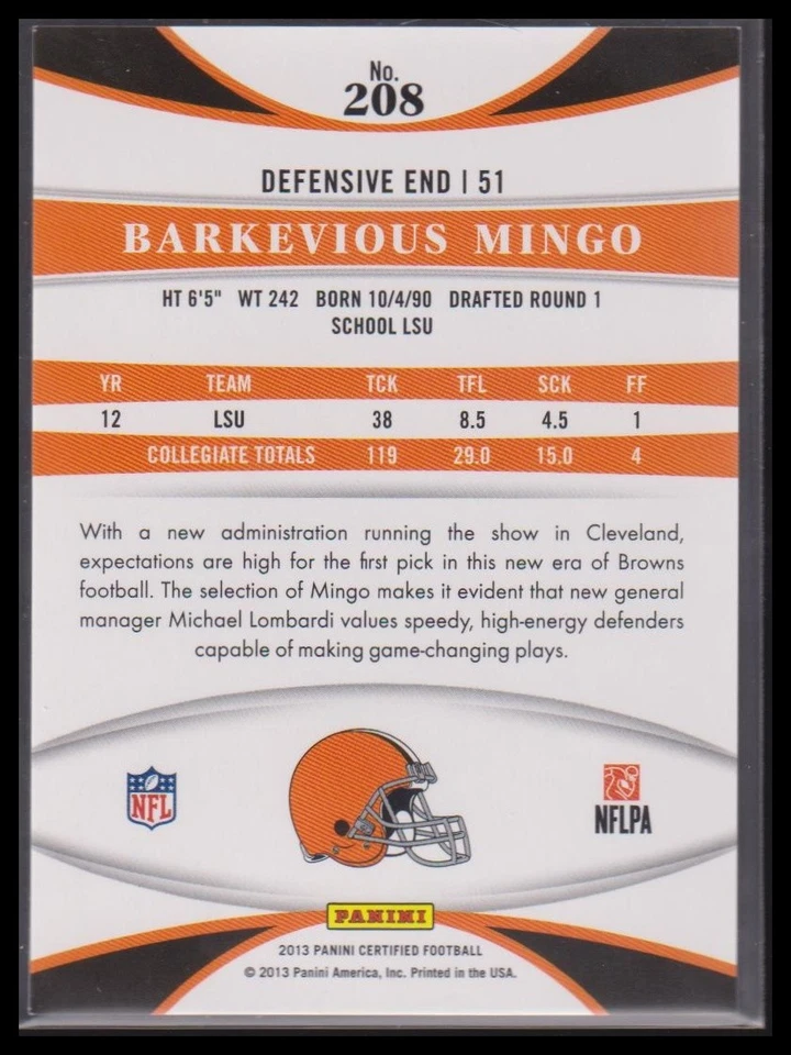 2013 Panini Certified #208 Barkevious Mingo Mirror Red #/250 - Image 2 of 2