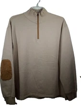 Wooly Dry Goods Pullover Men XL Tan 1/4 Zip Elbow Patch Long Sleeve