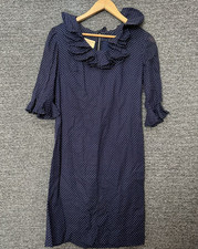 Vintage 60s Handmade Polka Dot Dress Navy Ruffle Collar
