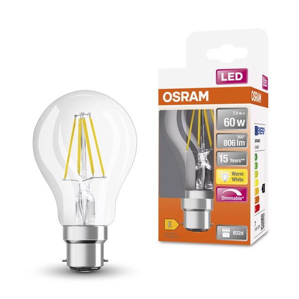 Osram Led Filament A60 Birne 7W = 60W B22D Klar 806Lm Fs Warmweiß 2700K Dimmbar-image