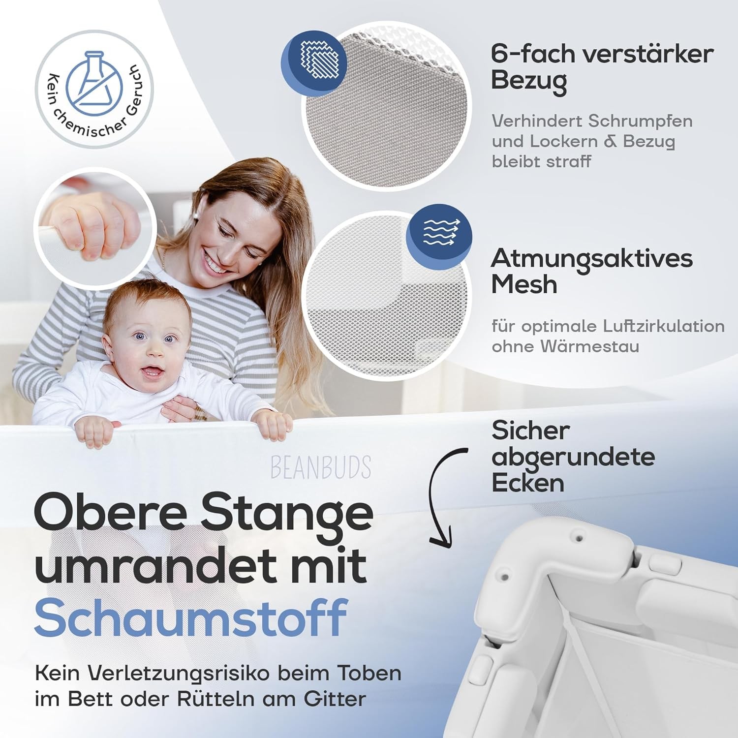 BEANBUDS Rete Letto 180 cm Monolaterale Grigio Anticaduta con Cinghia di Fissaggio foto 6