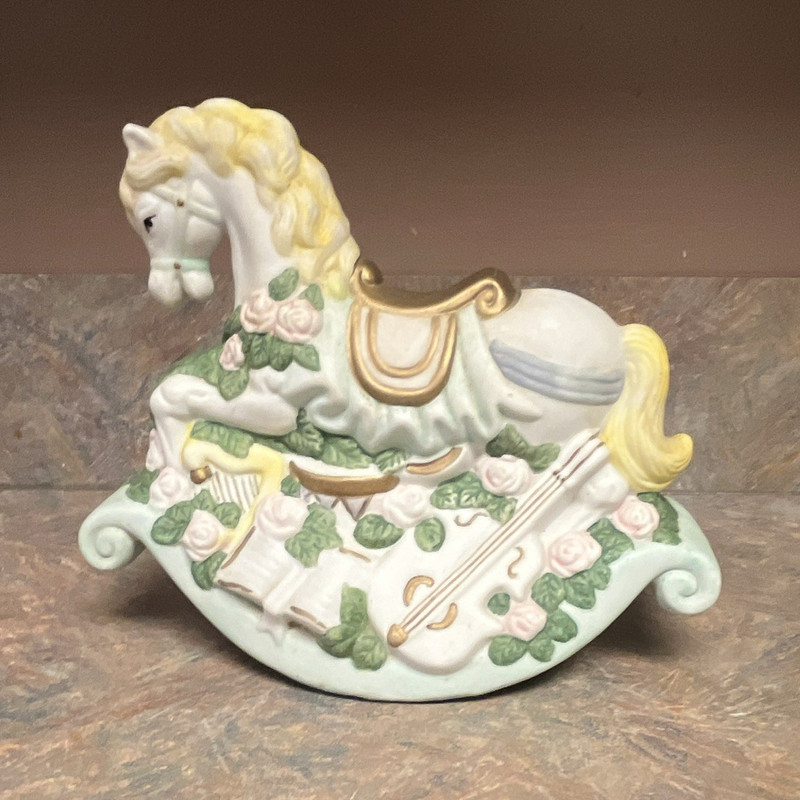 Musical Porcelain Rocking Horse Figurine, w/ Christmas and Floral Accents