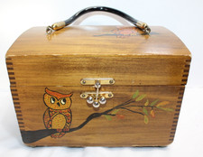 Vintage Wooden Owl Handbag W/ Black Acrylic Handle Brass Colored Clasp Mirror