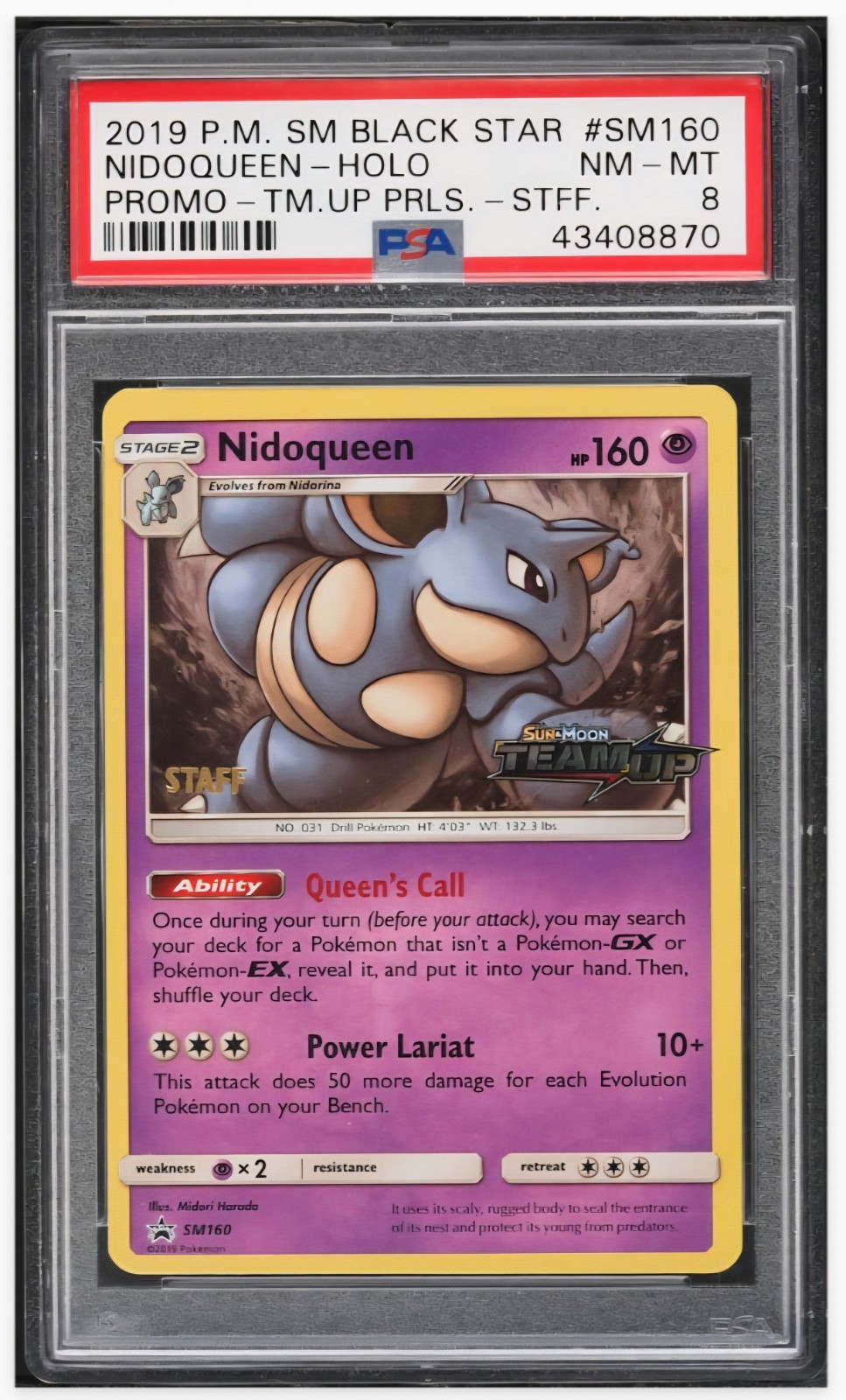 2019 😺 PSA 8 Nidoqueen Holo Prerelease Staff Stamp BS Promo #SM160