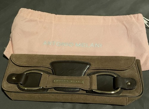 ANTONIO MELANI Soft Brown Suede Leather Equestrian Horse Bit Clutch Bag NEW NICE