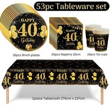 Black and Gold 40th Birthday Tablecloth plate Napkins banner backdrop Decoration