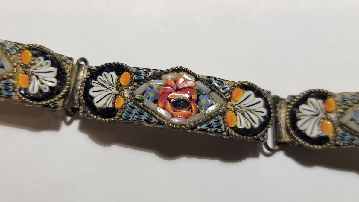 Bracelet Victorien Micro Mosaïque Floral Multicolore - 5 Panneaux - Italie - Longueur 19.1 Cm