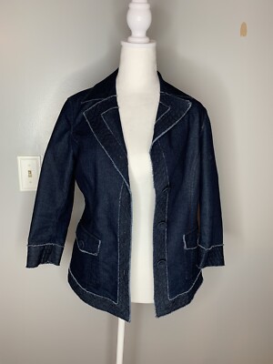 Lafayette 148 Denim Jacket Blazer Dark Wash 3/4 Sleeves Raw Hem And Trim