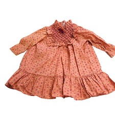 Polly Flinders Smocked Party Dress T3 Vtg Little Girls Pale Orange Floral Ruffle