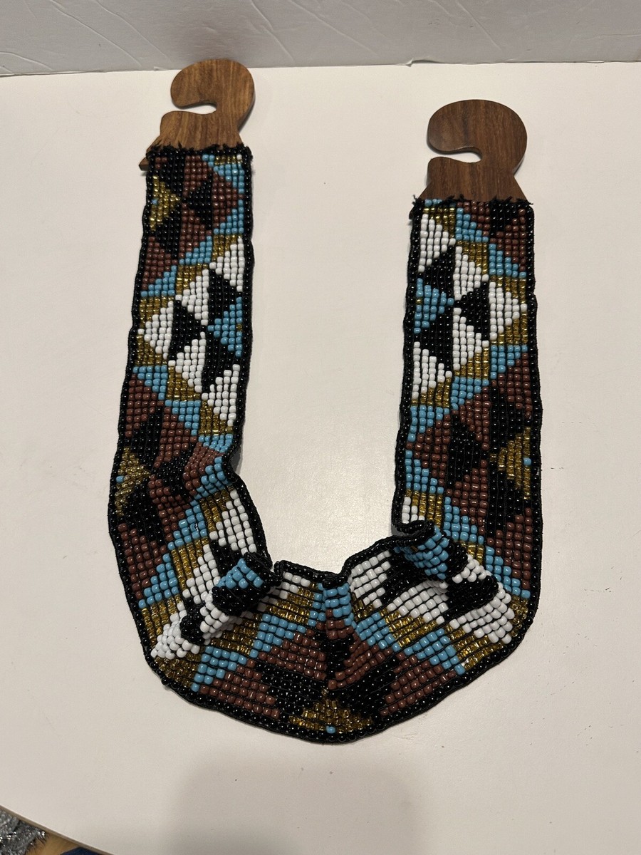 Vintage Wide Glass Bead Stretch Belt Boho Wood Buckle 