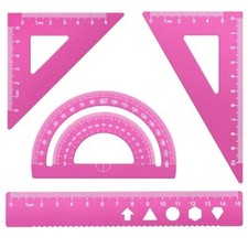 Triangle Ruler, Protractor, Square and Ruler Set, 4 Pieces Aluminum 15cm Pink