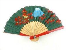 Vtg Small Hand Fan Painted Cloth Wood 3 1/2" Painted Cloth Green Japan S30H