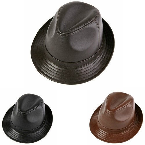 HOT Men's Classic Trilby Hat Genuine Leather Fedora Hat Vintage