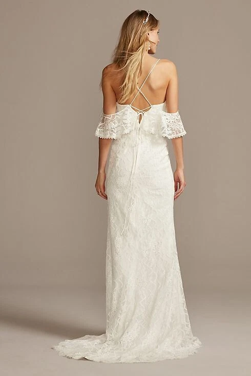 Vestido de novia GALINA blanco roto de encaje con cuello en V hombro frío 14 EE. UU. = XL Foto 2 de 4