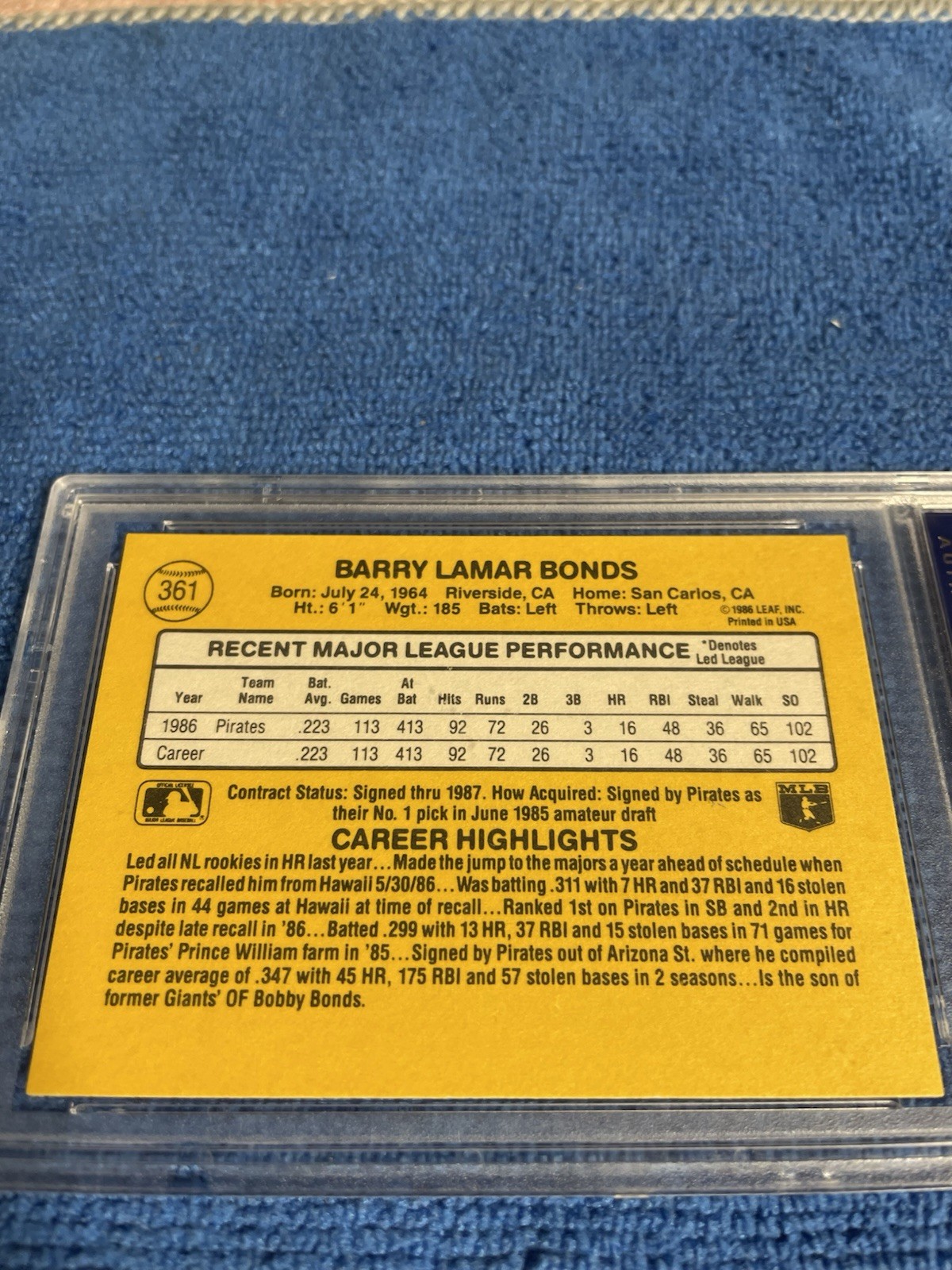 1987 Donruss Barry Bonds 361 Rookie PSA 9