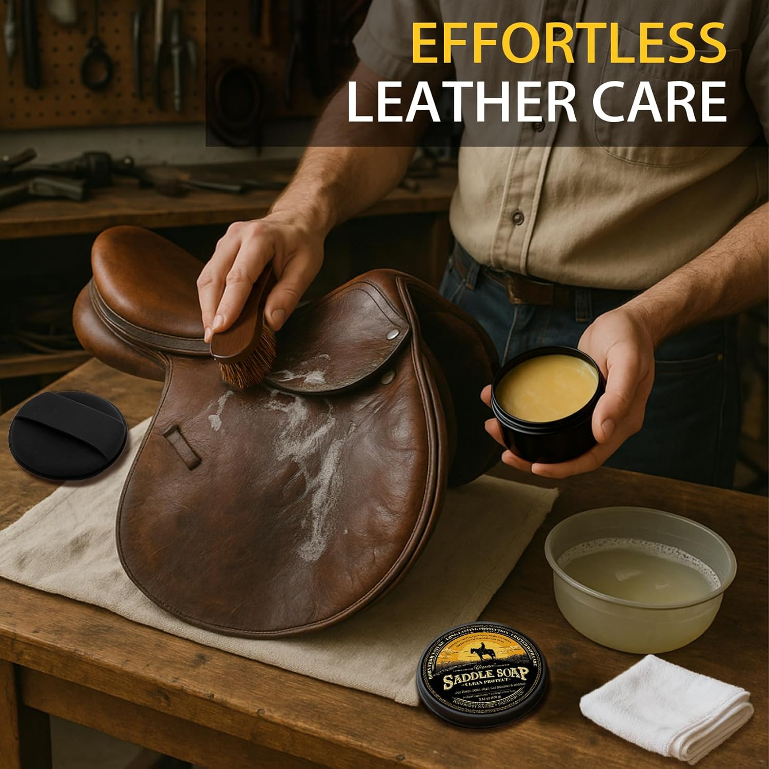 Saddle Soap 4PC Leather Care Kit – All-Natural 3.52Oz Leather Cleaner & Conditio