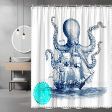 Octopus Ship Shower Curtain Blue Nautical Graphic Print