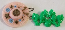 Vtg Barrettes Plastic Lot 2 Pink Hat Pair of Green Horses Ball Hair Clips 1.5"