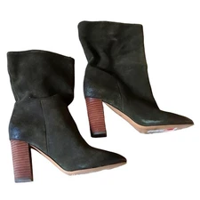 Neiman Marcus Olive Suede Leather Stacked Heel Calf High Boot