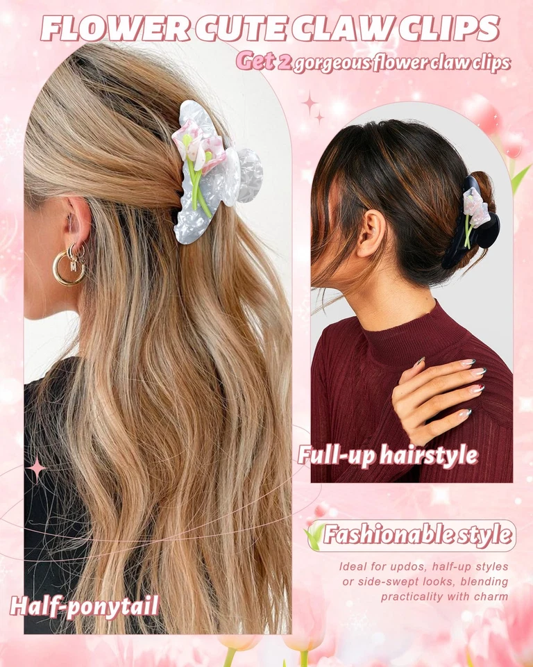 Упаковка из 2 акриловых когтей для волос с цветком тюльпана, нелипкие 4,1 дюйма большие заколки для волос... - Изображение 4 из 4