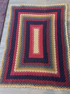 Handmade Crochet Multicolor Afghan Knit Sofa Throw Blanket Red Navy Gold 70x50 