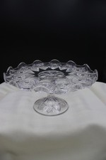 Vintage Cut Glass Cake Stand Fancy 9 Inches Round with Scalloped Edge