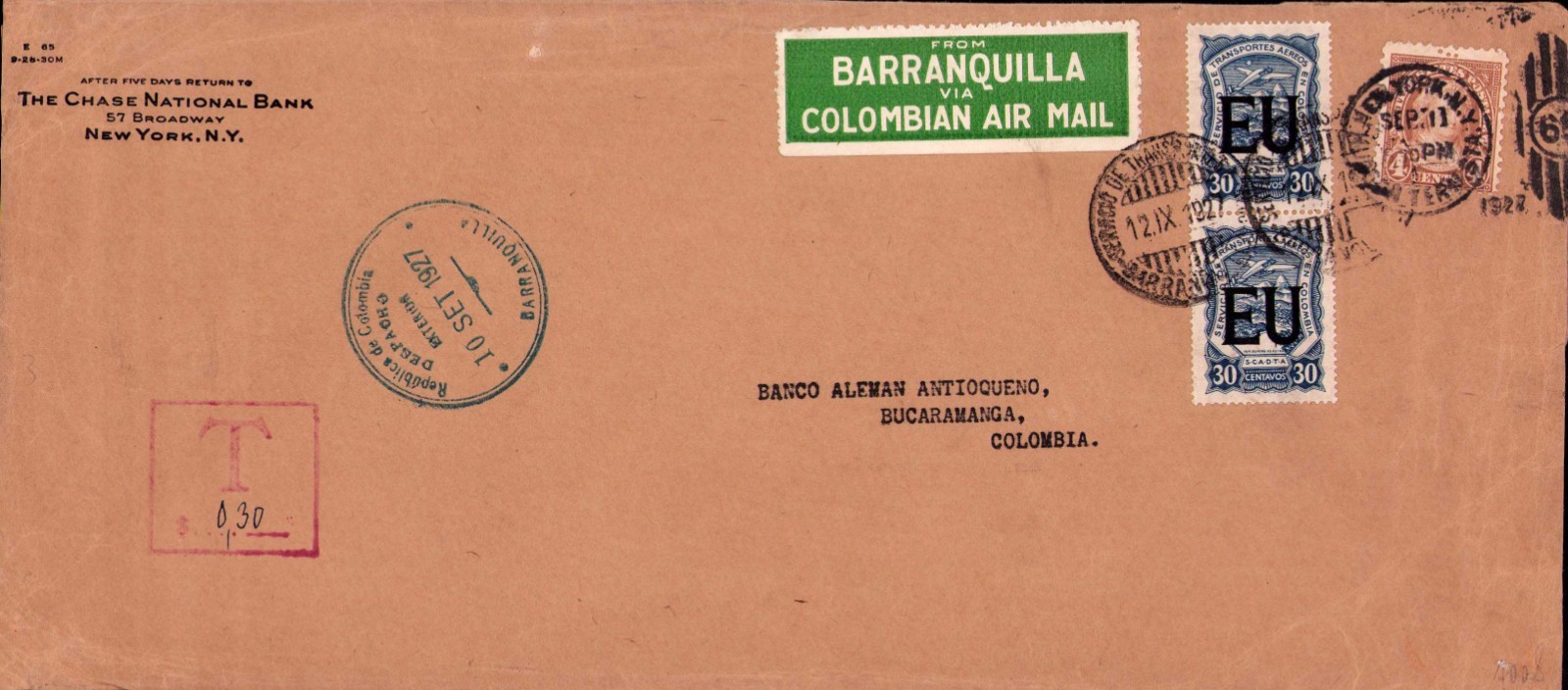USA - COLOMBIA - SCADTA - 60c TAXED COVER - NEW YORK to BUCARAMANGA - 1927 RR