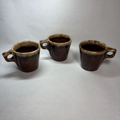 Vintage Hull Pottery Oven Proof USA Brown Drip Glaze Coffee Mugs Set 3