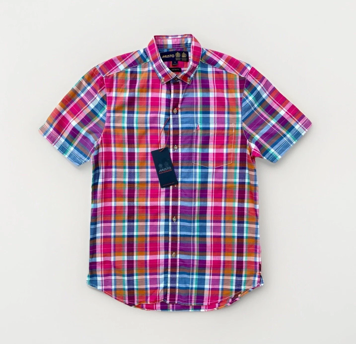 Musto Gabriel Mens Small Shirt Check Plaid Custom Fit Short Sleeve BNWT Red Blue